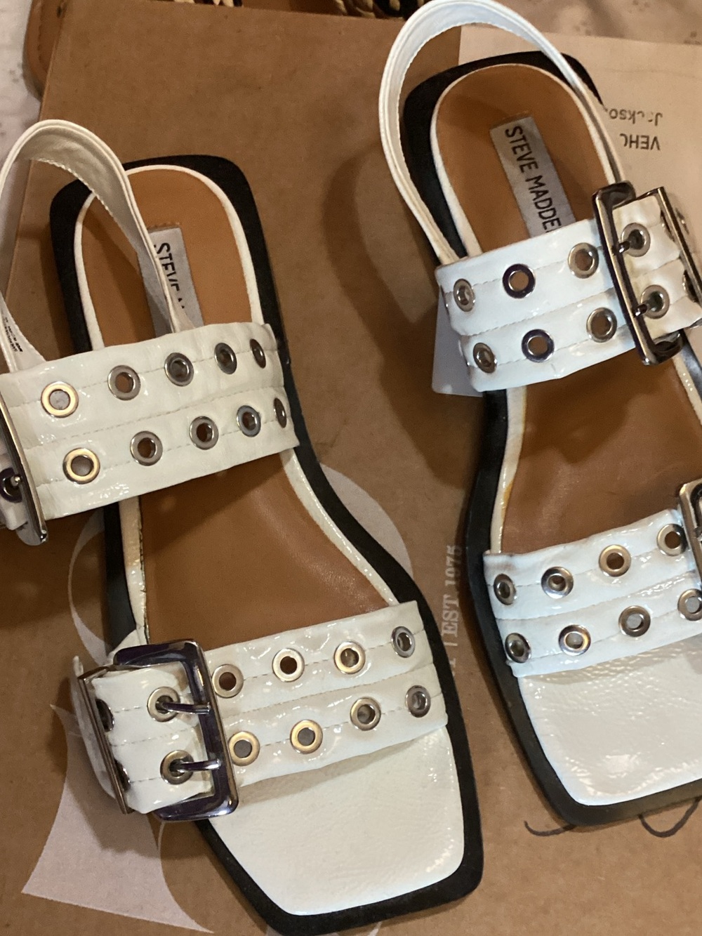 Steve Madden White Grommet Buckle Sling Sandals with Tan Footbed